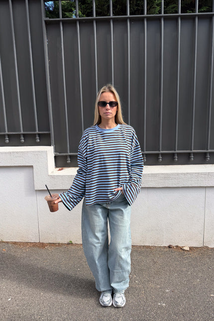 Bordeaux Blue Stripe Long Sleeve Relaxed Top