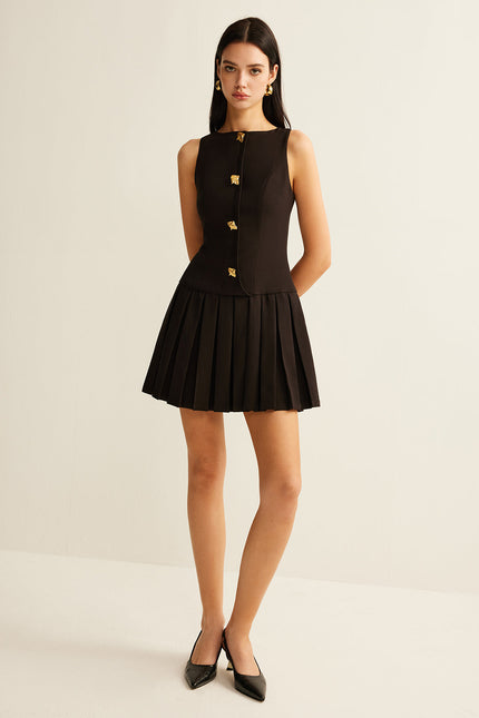 Aurélie Metal-Button Pleated Mini Dress