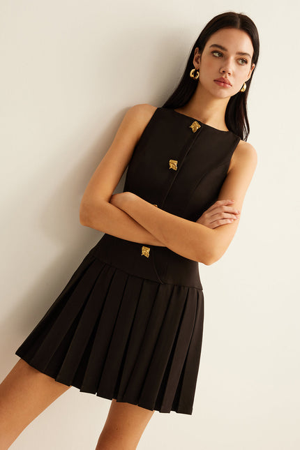 Aurélie Metal-Button Pleated Mini Dress