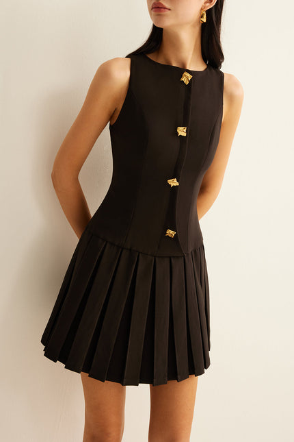 Aurélie Metal-Button Pleated Mini Dress