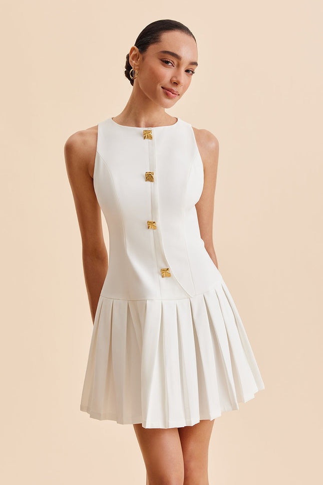 Aurélie Metal-Button Pleated Mini Dress