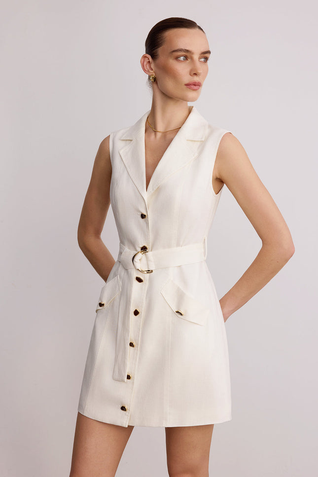 Elara Sleeveless Blazer Belted Linen Mini Dress