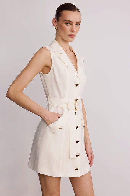 Elara Sleeveless Blazer Belted Linen Mini Dress