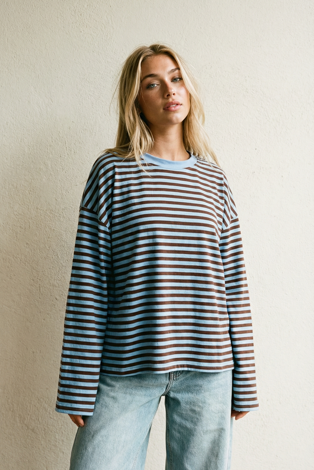 Bordeaux Blue Stripe Long Sleeve Relaxed Top